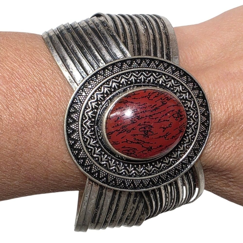 Premier Designs Cuff Bracelet Women OS Silver Red Jasper Stone Boho Statement